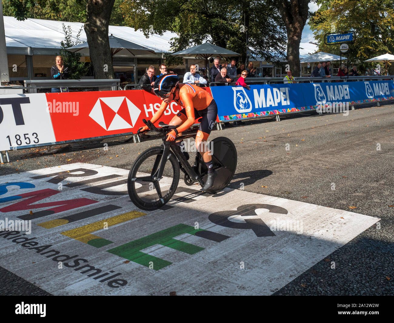 Shirin van Anrooij of The Netherlands taking the silver medal in the Womens Junior Individual Time Trial at the Yorkshire 2019 UCI Road World Championships at Harrogate North Yorkshire England Stock Photo