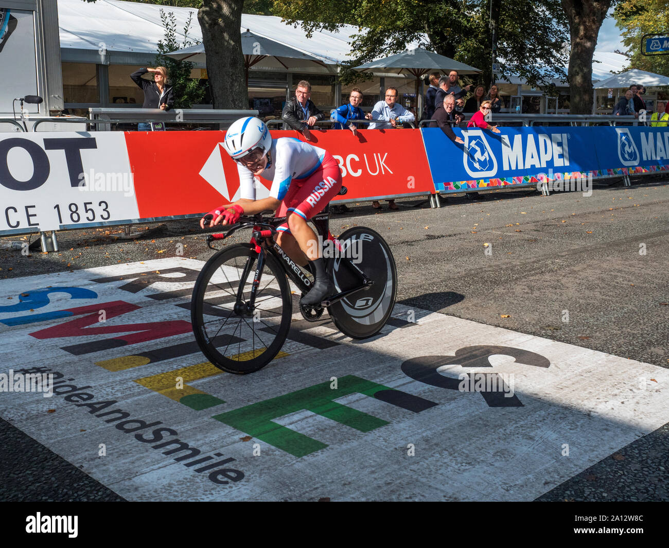 Aigul Gareeva of Russia taking the gold medal in the Womens Junior Individual Time Trial at the Yorkshire 2019 UCI Road World Championships at Harrogate North Yorkshire England Stock Photo