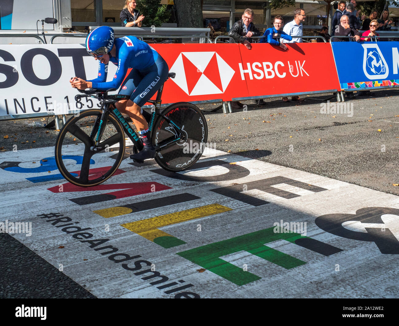 Camilla Allessio of Italy finishing fourth in the Womens Junior Individual Time Trial at the Yorkshire 2019 UCI Road World Championships at Harrogate North Yorkshire England Stock Photo