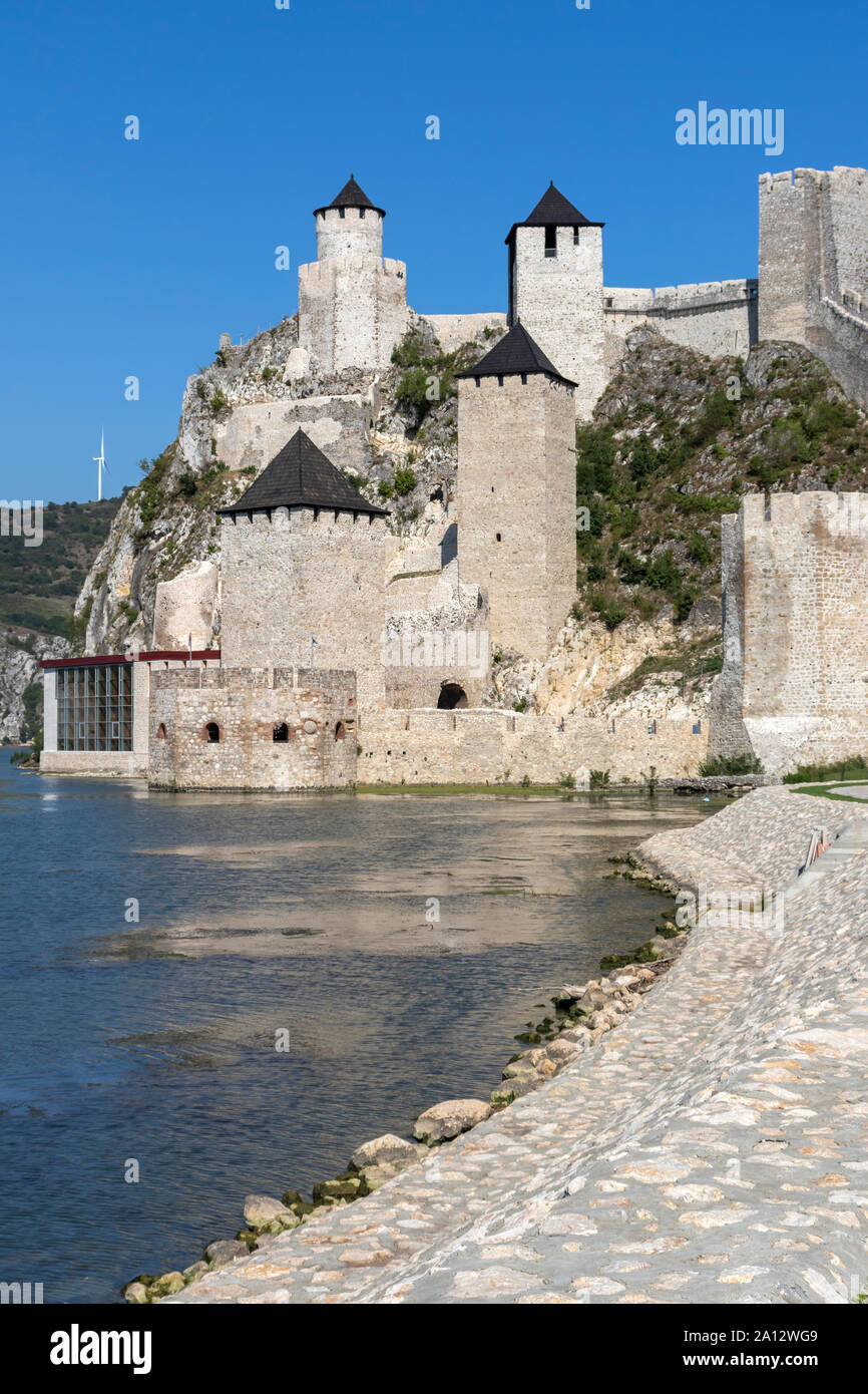 GOLUBAC, SERBIA - AUGUST 11, 2019: Tourists visiting Golubac Fortress - medieval fortified town at the Danube River, Serbia Stock Photo