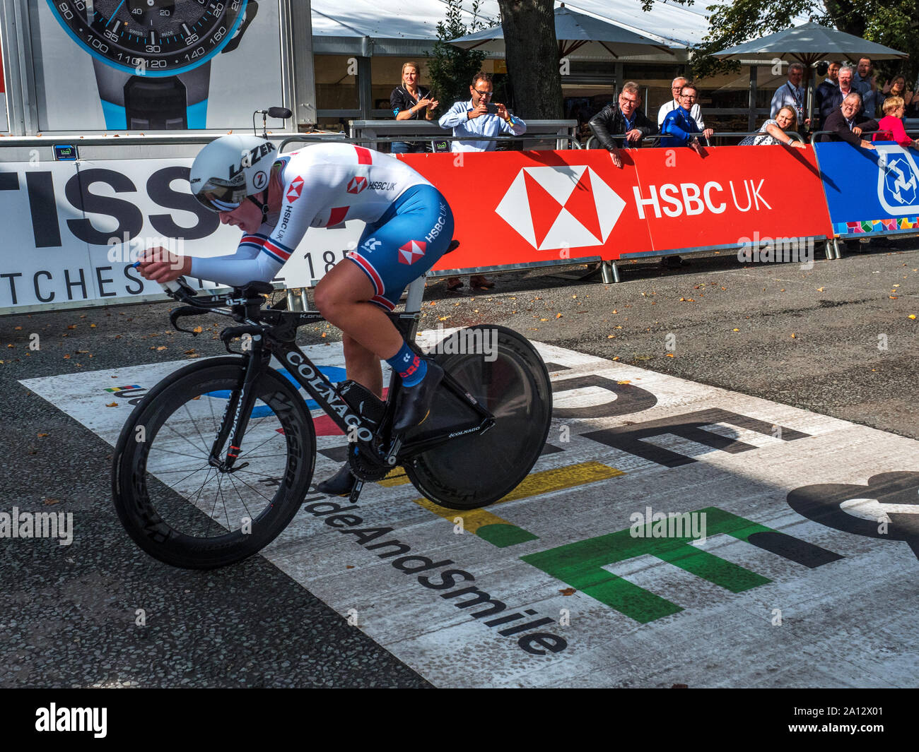 Elynor Backstedt of Great Britain taking the bronze medal in the Womens Junior Individual Time Trial at the Yorkshire 2019 UCI Road World Championships at Harrogate North Yorkshire England Stock Photo
