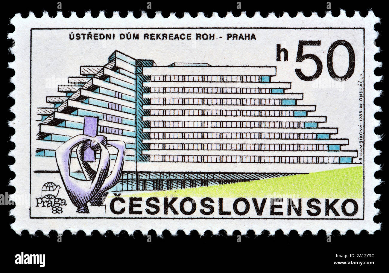Czechoslovakian postage stamp (1988) : Modern architecture : Ústřední dům rekreace ROH / 'Central recreational hall' ROH Stock Photo