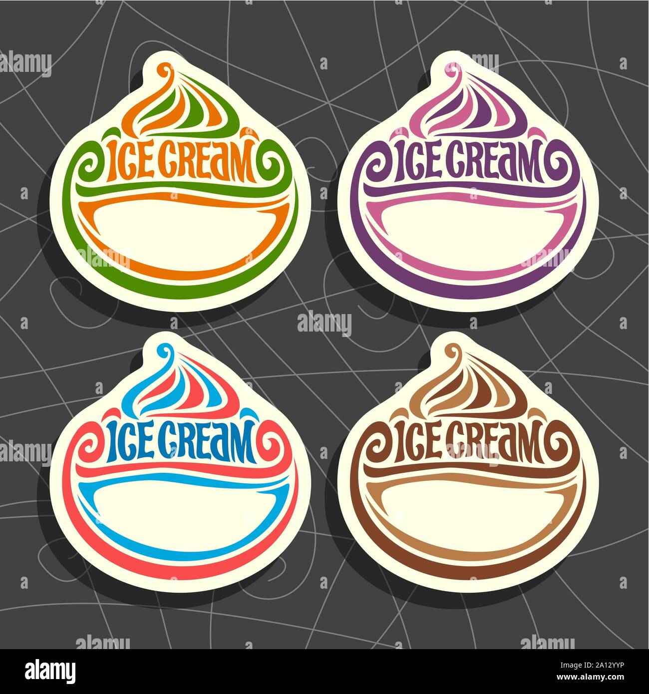 Vector set of Ice Cream Labels: 4 price tags with copy space for icecream sale info, colorful vintage signs with lettering title - ice cream with whit Stock Vector