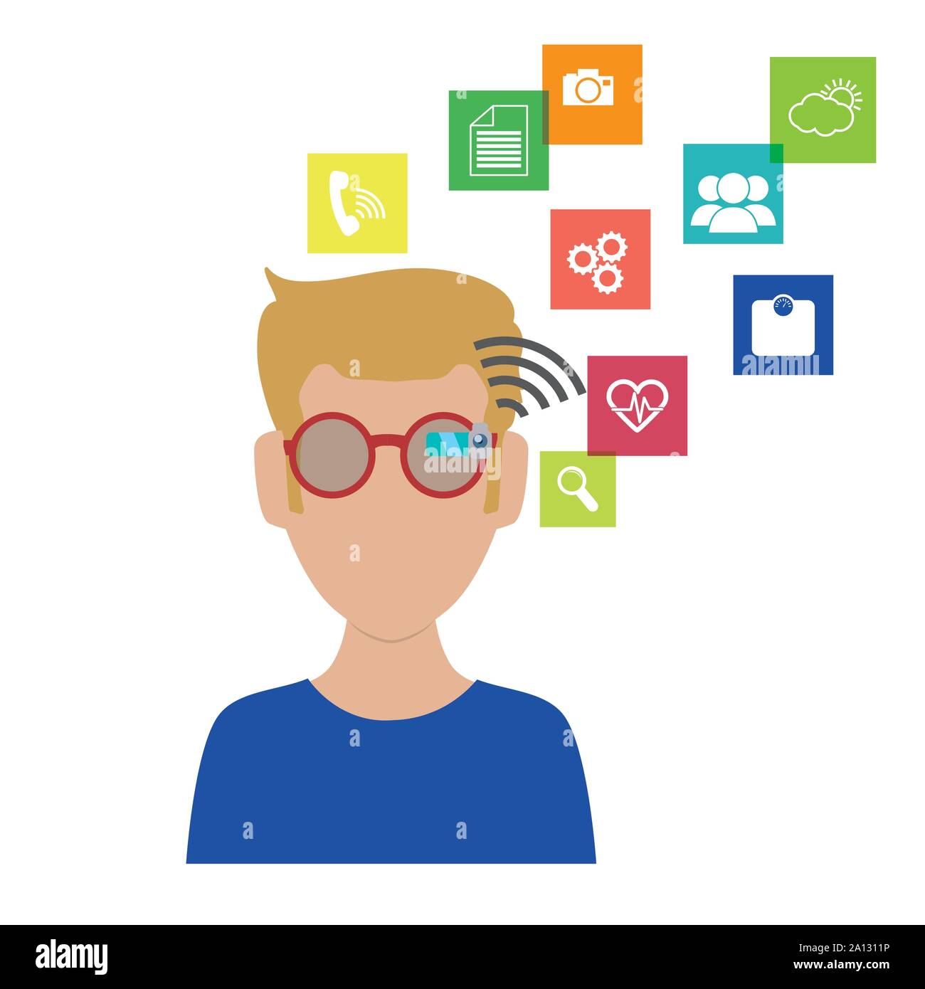 man with smart glasses and apps menu vector illustration design Stock Vector