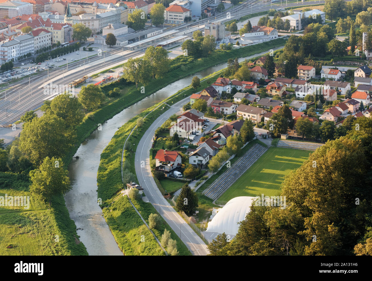 Residential zone in the town of Celje, Slovenia, seen from the old castle Stock Photo