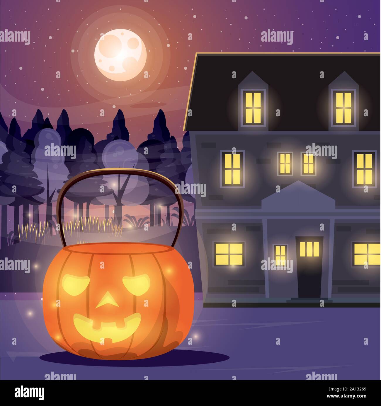 halloween dark scene with mansion and pumpkin Stock Vector Image & Art ...