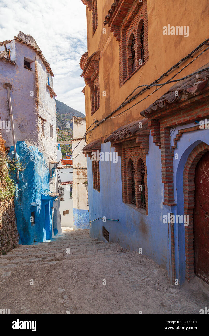 view of the Chefchaouen, or Chaouen, is a city in the Rif Mountains of northwest Morocco. It’s known for the striking, blue-washed buildings Stock Photo