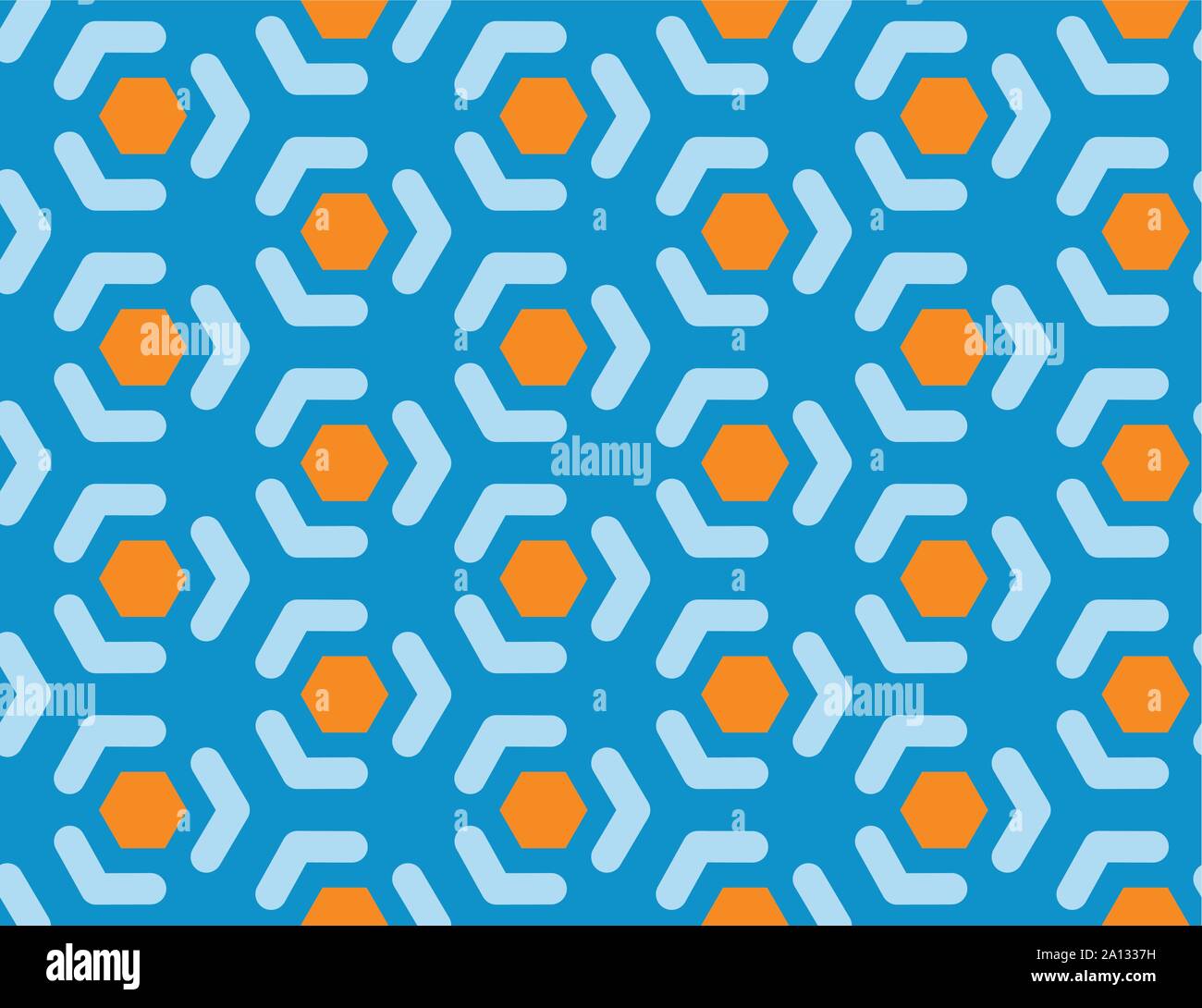 Vector seamless geometric pattern. Shaped brown hexagons, light blue lines, arrows on blue background. Stock Vector