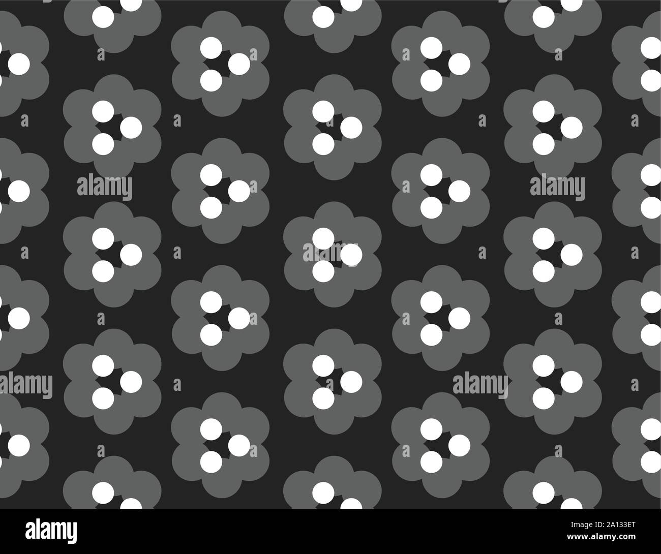 Vector seamless geometric pattern. Shaped grey and white circles, triangles, flowers on black background. Stock Vector