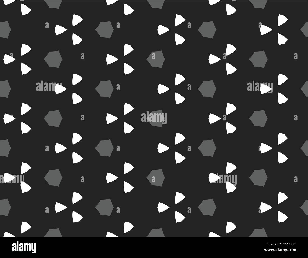 Vector seamless geometric pattern. Shaped grey hexagons, white triangles on black background. Stock Vector