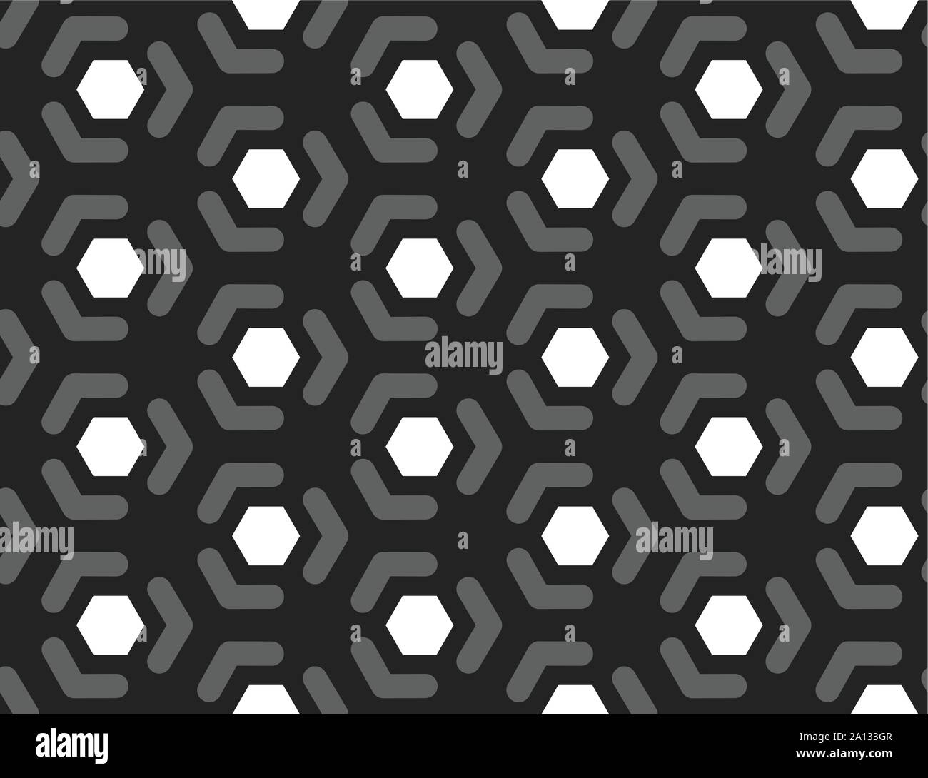 Vector seamless geometric pattern. Shaped white hexagons, grey lines, arrows on black background. Stock Vector