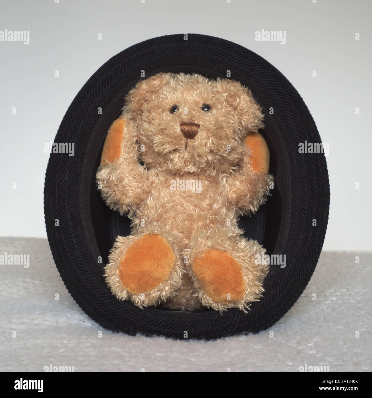 Small Teddy Bear Inside a Hat Stock Photo