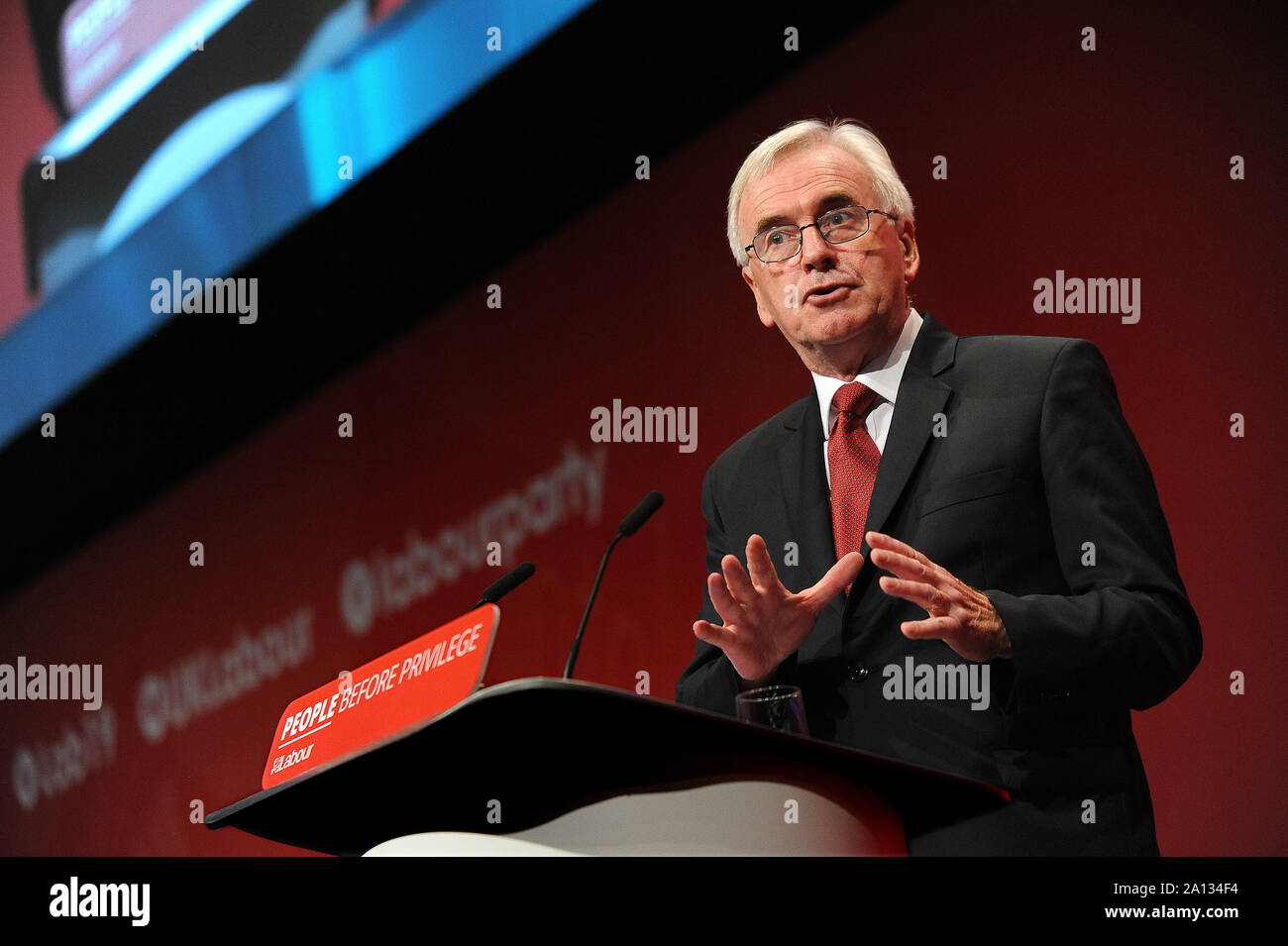 Brighton, England. 23rd September, 2019 John McDonnell, Shadow Chancellor of the Exchequer, delivers his speech to delegates, during the third day of the Labour Party annual conference at the Brighton Centre. Kevin Hayes/Alamy Live News Stock Photo