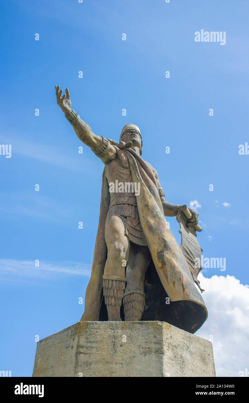 Cáceres, Spain - Sept 22th 2019: Nezahualcoyotl statue, ruler or tlatoani of the city-state of Texcoco in pre-Columbian. Sculpted by Humberto Peraza, Stock Photo