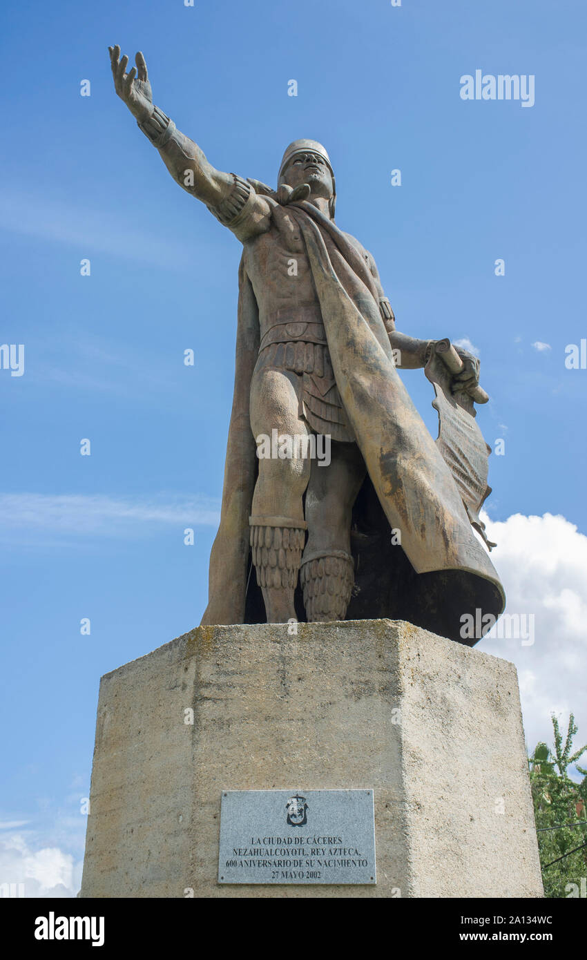 Cáceres, Spain - Sept 22th 2019: Nezahualcoyotl statue, ruler or tlatoani of the city-state of Texcoco in pre-Columbian. Sculpted by Humberto Peraza, Stock Photo