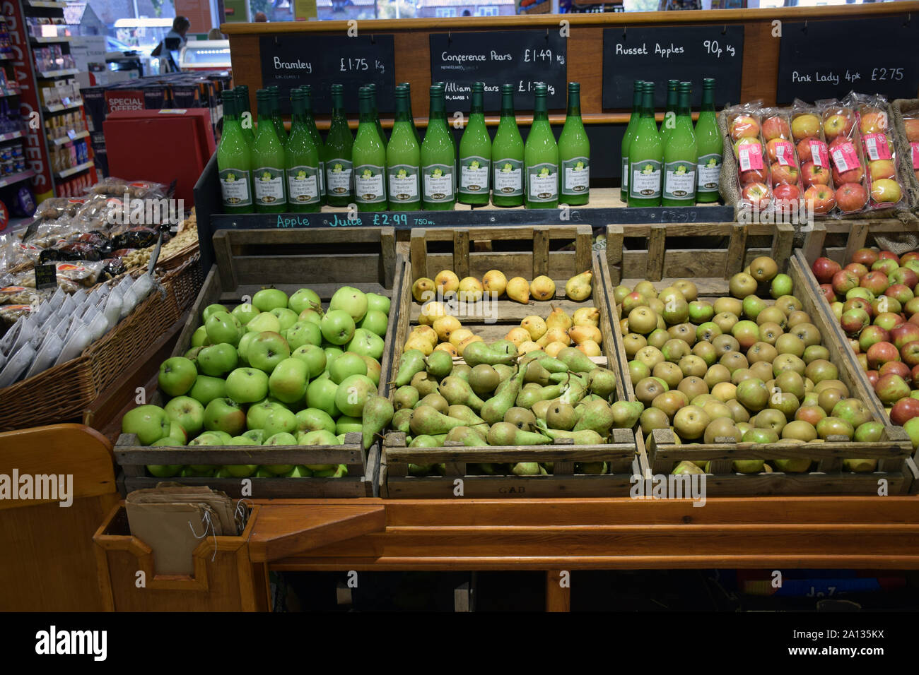 No plastic packaging in the fruit section of Budgens, Holt, Norfolk UK September 2019 Stock Photo