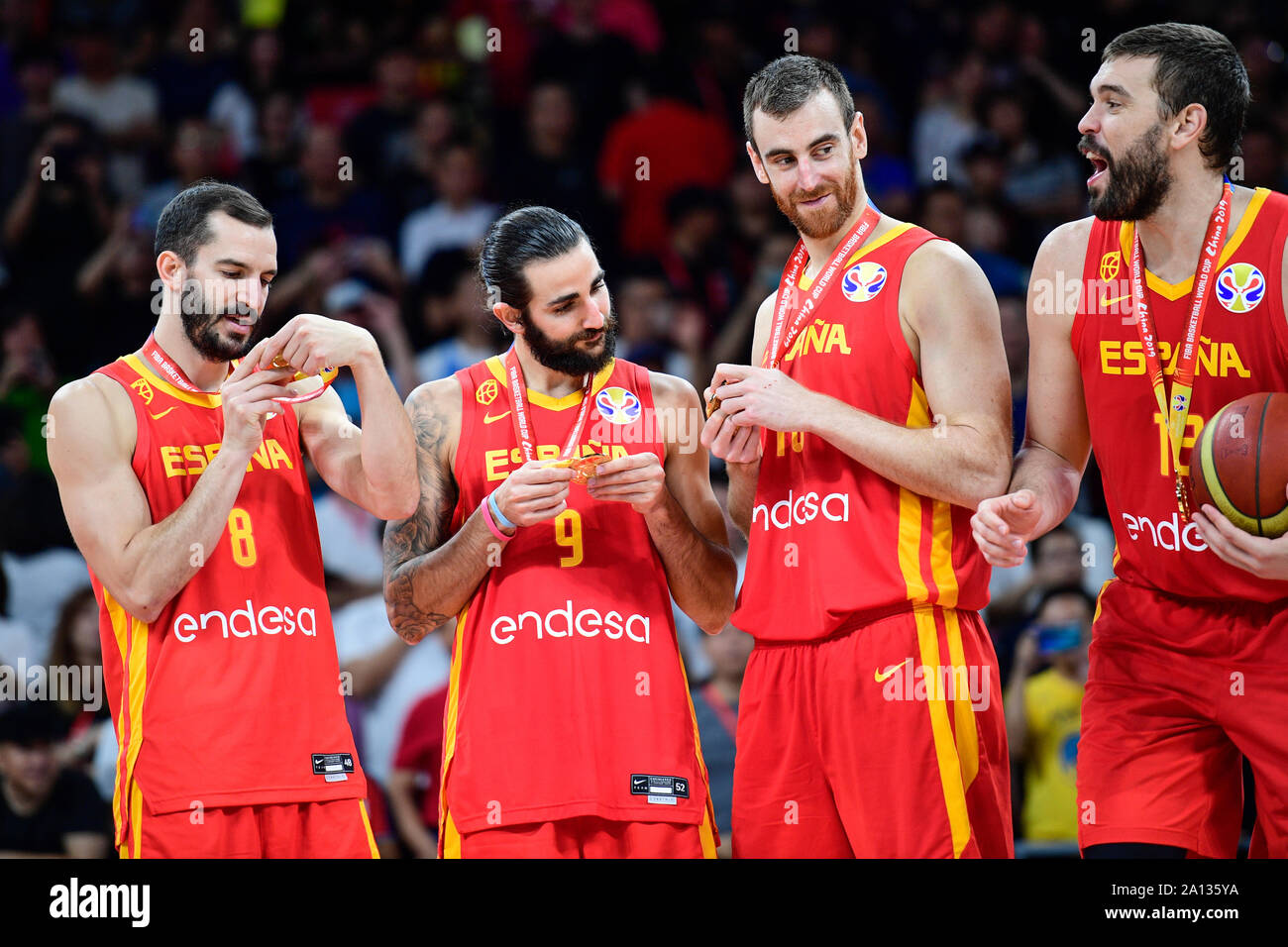 Pau Ribas, Ricky Rubio, Victor Claver, Marc Gasol (Spain): FIBA Basketball World Champion, China 2019 Stock Photo