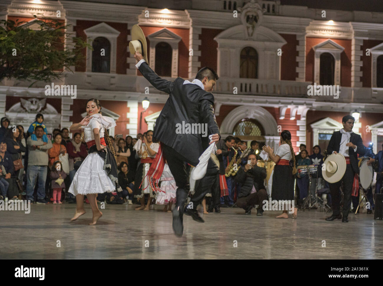 Dancing the marinera in the Plaza de Armas in Trujillo, Peru Stock