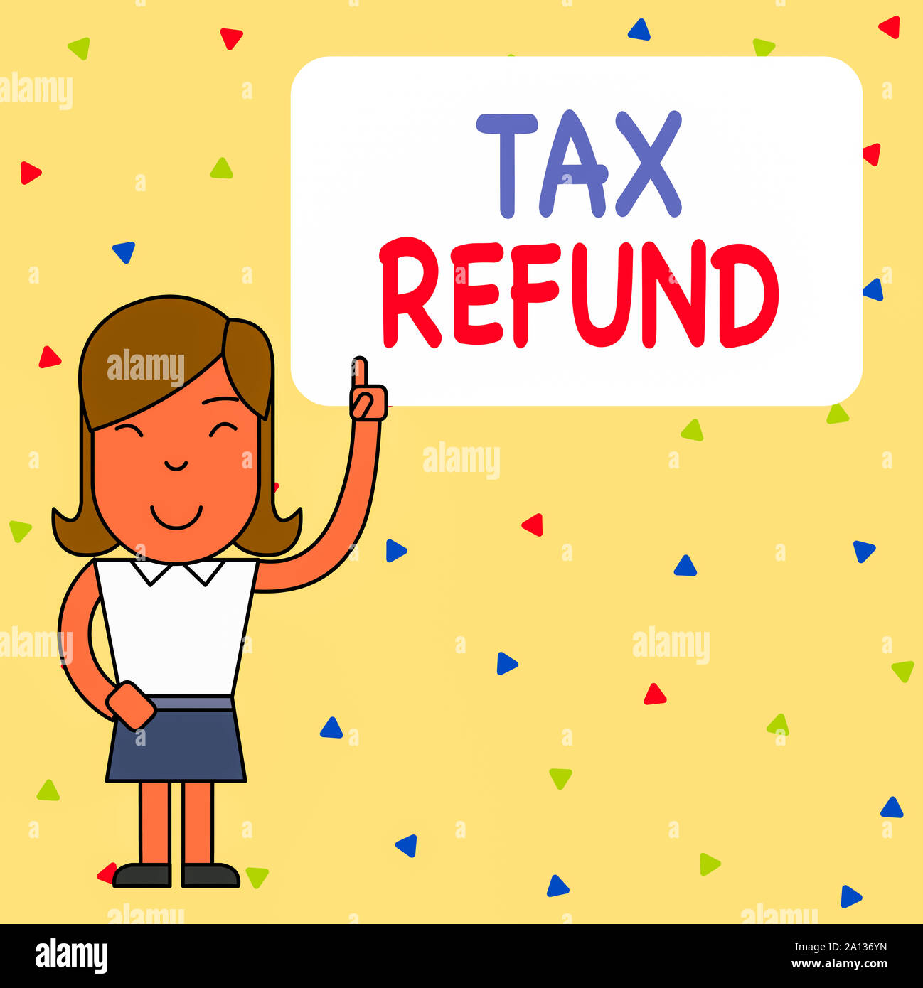 Word writing text Tax Refund. Business photo showcasing refund on tax when the tax liability is less than the tax paid Woman Standing with Raised Left Stock Photo