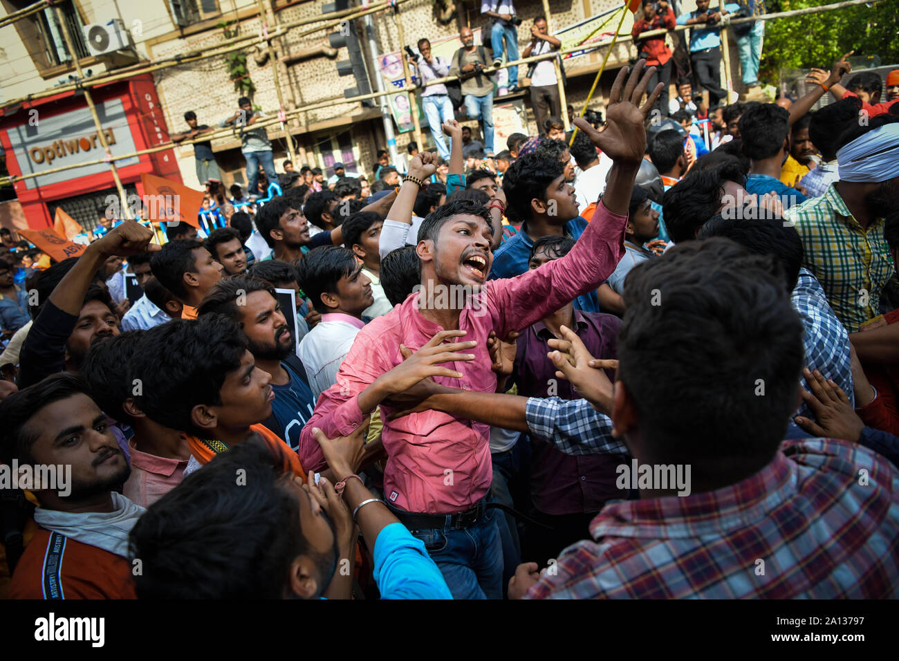 An Akhil Bharatiya Vidyarthi Parishad (ABVP) activist shouts Slogans during the ABVP's march to Jadavpur UniversityAkhil Bharatiya Vidyarthi Parishad (ABVP) the right wing students' organisation took out a rally to protest against the September 19 attack on the Union Minister Babul Supriyo in Jadavpur University campus. Stock Photo