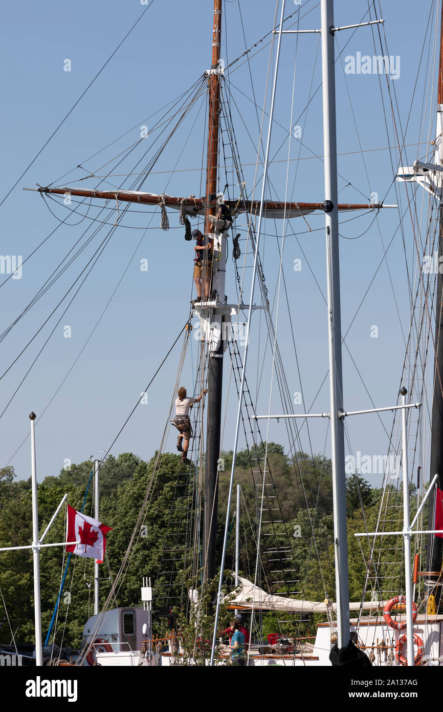 Rigging a tall ship. Rigging the tall ship Fair Jeanne, in Brockville, Ontario. Stock Photo
