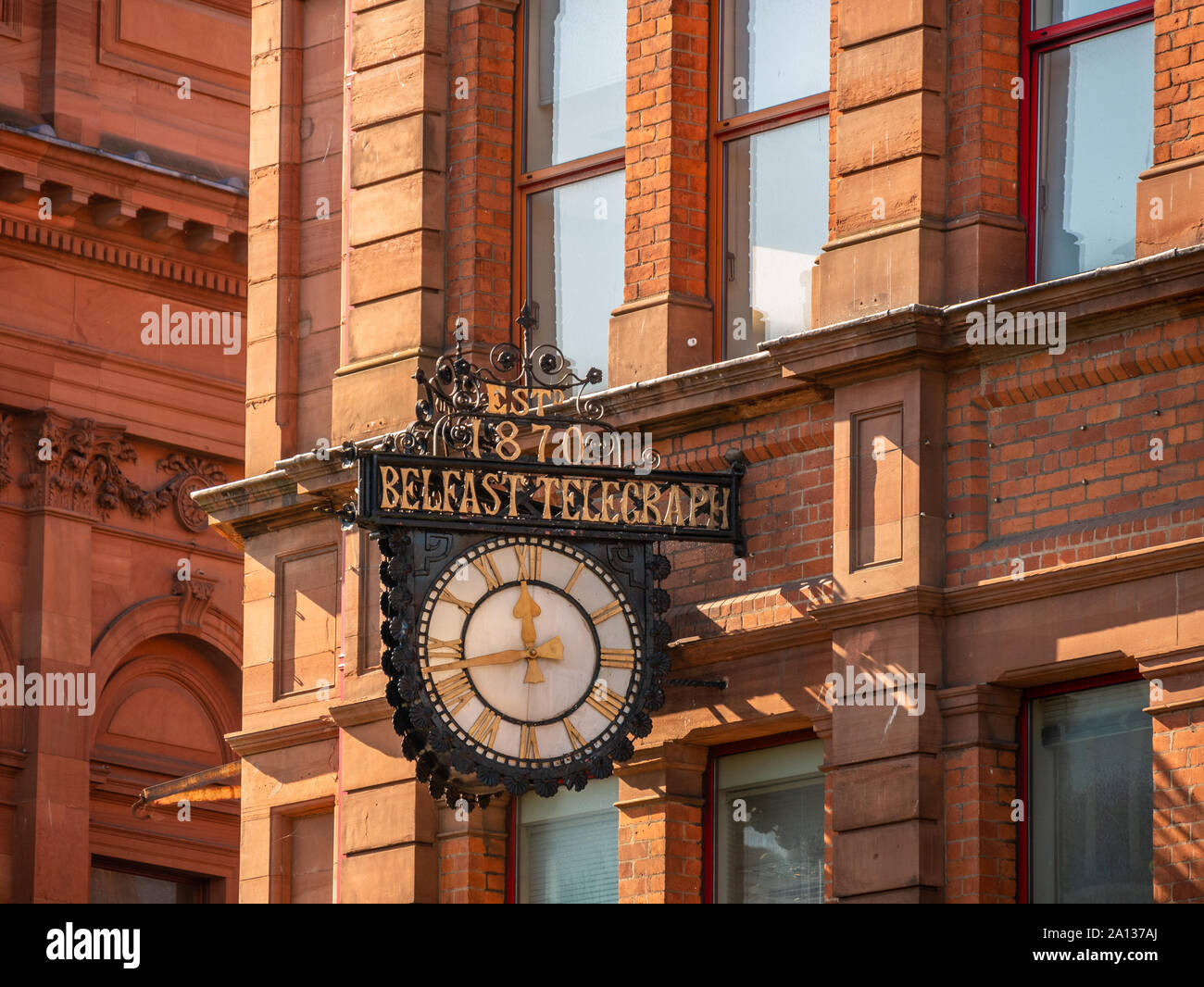 Clock at old Belfast Telegraph premises, Royal Avenue, Belfast, Northern Ireland, UK - September 20, 2019: Stock Photo