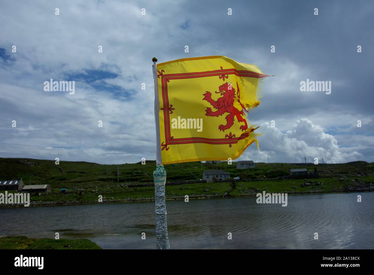 Scottish lion rampant flag in the wind, Scottish highlands Stock Photo