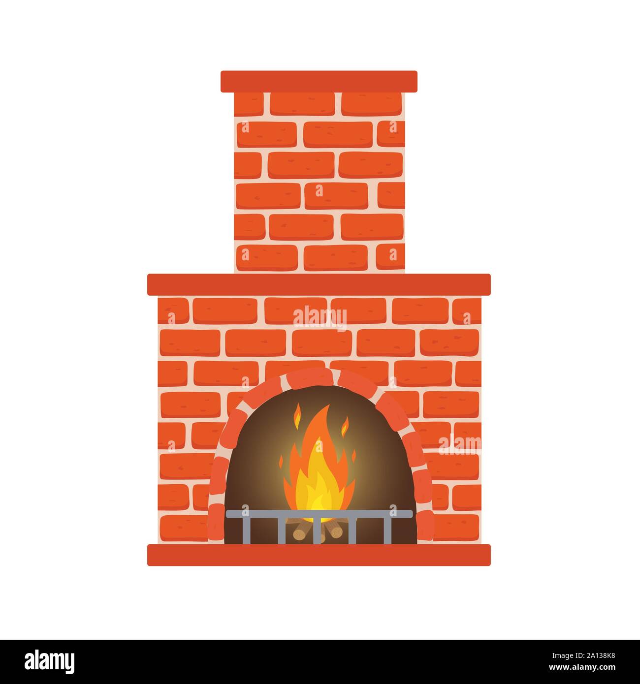 Winter interior bonfire. Classic fireplace made of red bricks, bright burning flame and smoldering logs inside. Home fireplace for comfort and Stock Vector
