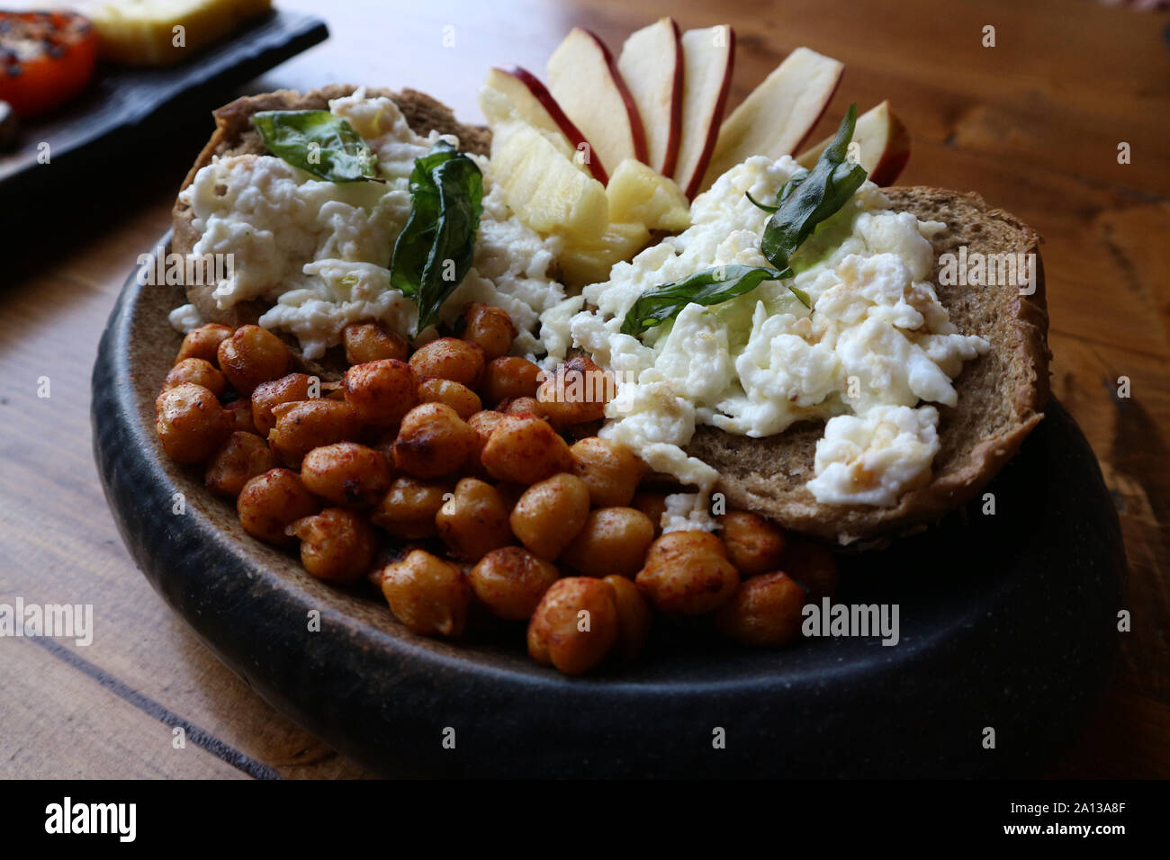 Healthy Style English Breakfast With Scrambled Egg Whites On Brown Bread Chick Peas And Apple And Pineapple Slices On Rustics Wood Background Stock Photo Alamy Healthy Style English Breakfast With Scrambled Egg Whites On Brown Bread Chick Peas And Apple And Pineapple Slices On Rustics Wood Background Stock Photo Alamy