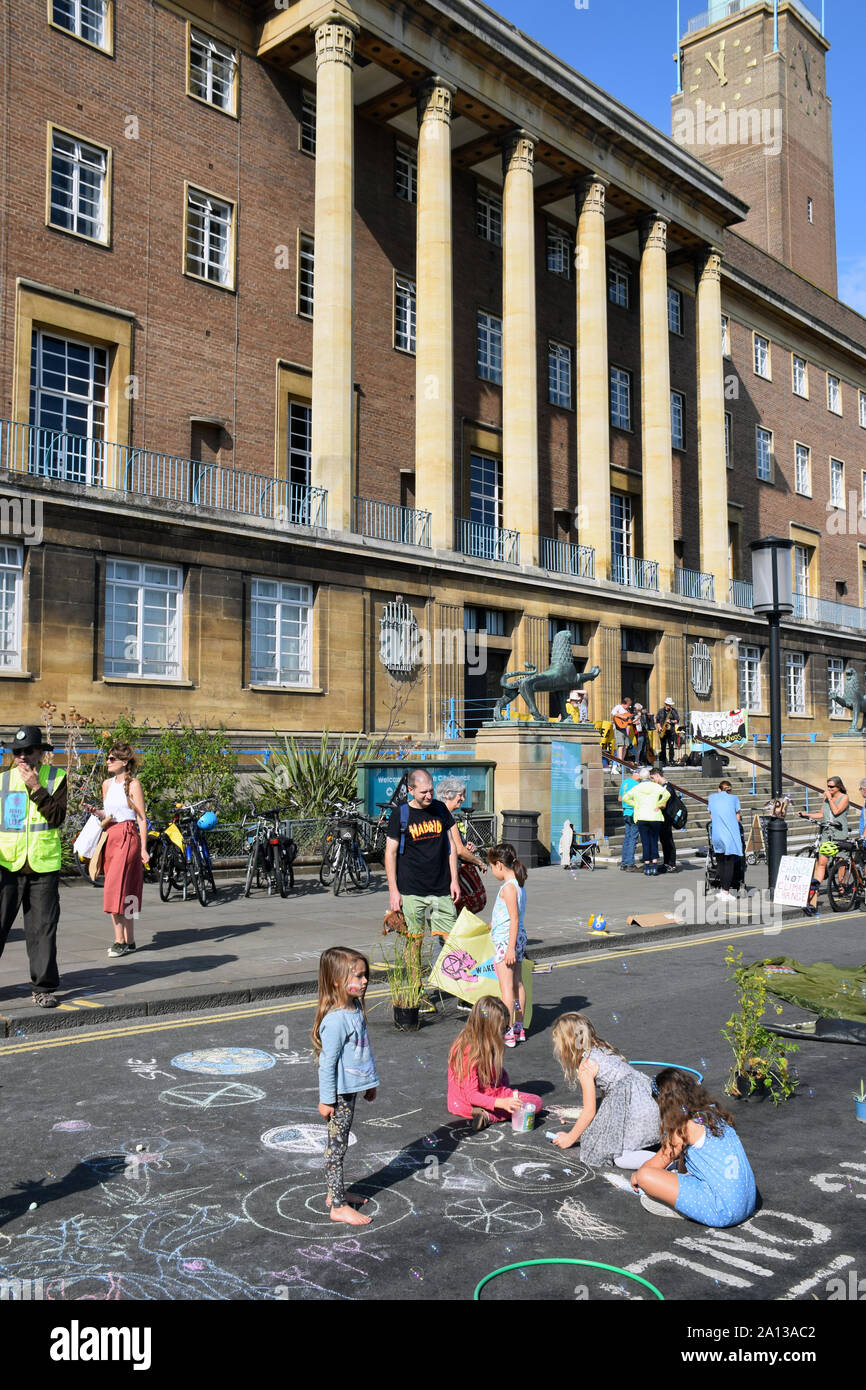 Car Free Day Norwich UK Sunday 22 September 2019.  Extinction Rebellion closed off St Peter's Street opposite City Hall for the day Stock Photo