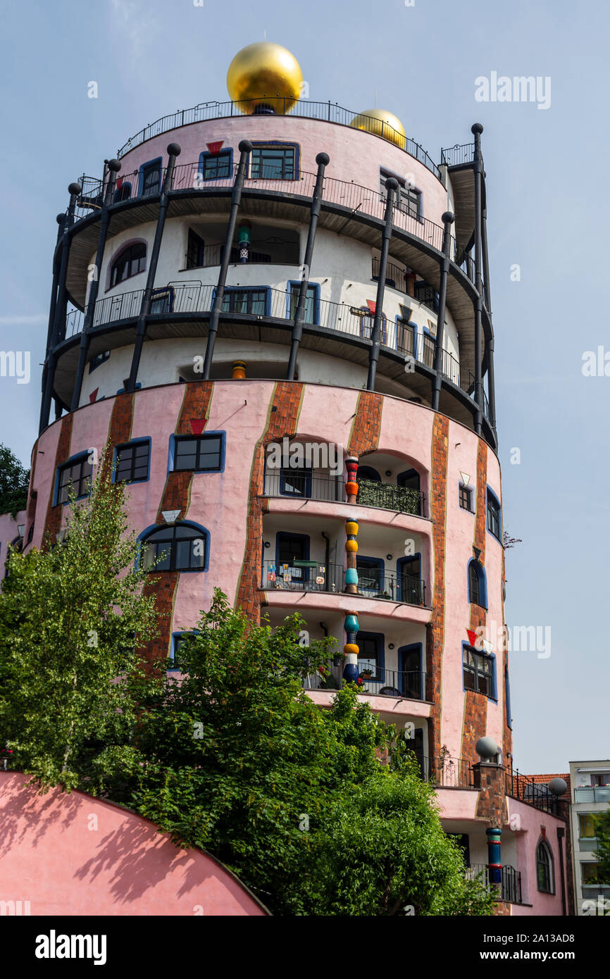 House with a special look built to confuse the eye so that it looks like it is tilted, picture from Magdeburg Germany. Stock Photo