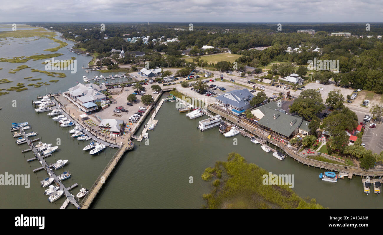 Aerial view of the waterfront with restaurants and marina in Murrells