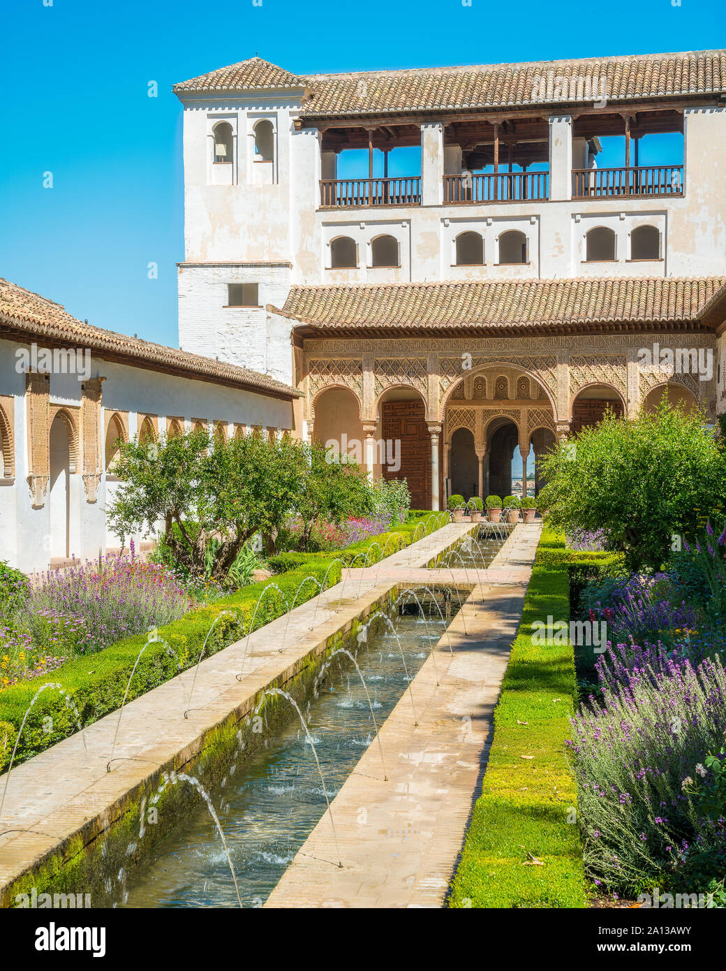 Idyllic garden in the amazing Generalife Palace in Granada. Andalusia, Spain. Stock Photo