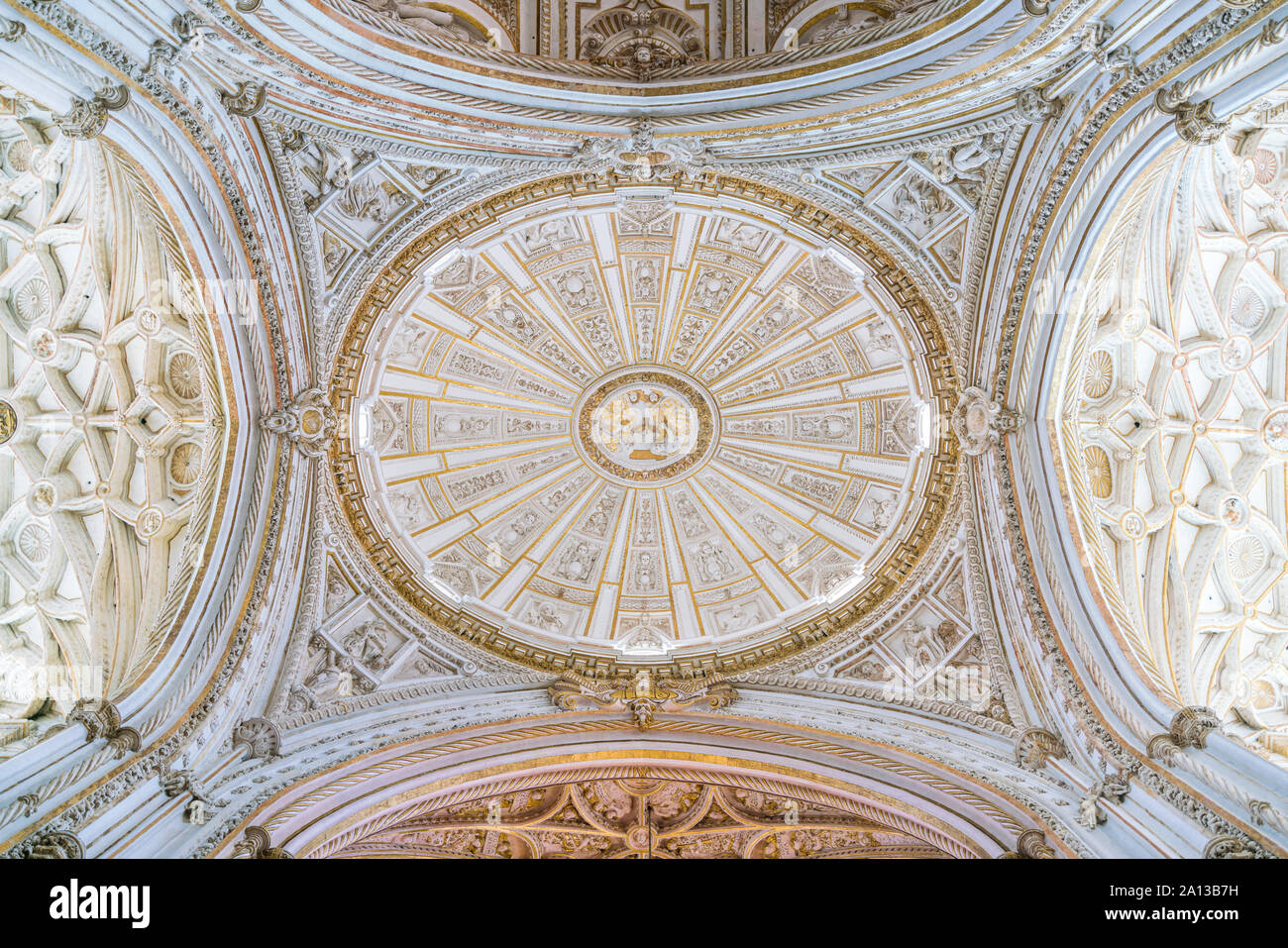 Ornated dome in the Mezquita Cathedral of Cordoba. Andalusia, Spain. Stock Photo