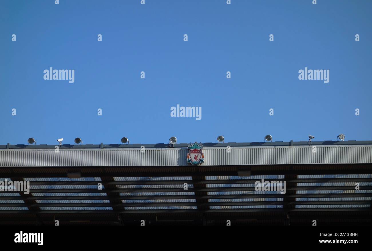 Liverpool FC crest, roof of Anfield Stadium Stock Photo