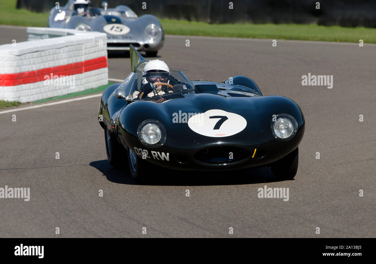 1955 Jaguar E-type 'long nose' driven by Gary Pearson in The Sussex Trophy race at The Goodwood Revival 13th Sept 2019 in Chichester, England. Stock Photo