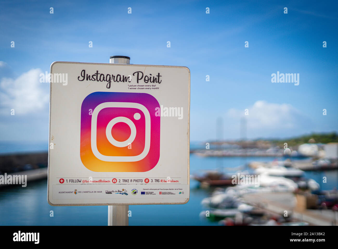 Ametlla de mar, Spain. September 2019: Instagram point showing a photogenic view of the port of l'ametlla de mar Stock Photo