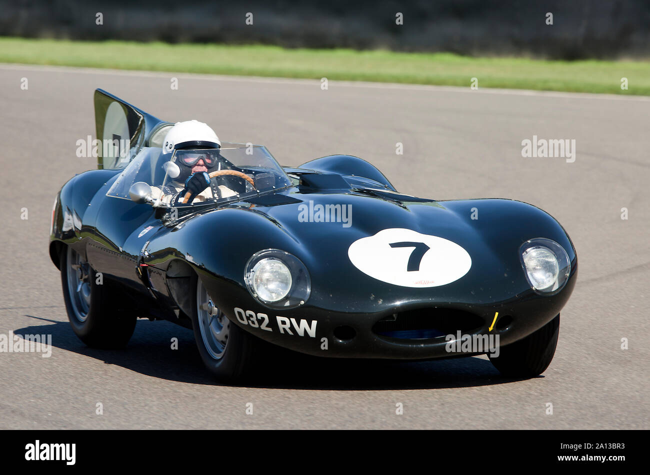 1955 Jaguar D-type 'long nose' driven by Gary Pearson in the Sussex Trophy race at The Goodwood Revival 13th Sept 2019 in Chichester, England.  Copyri Stock Photo