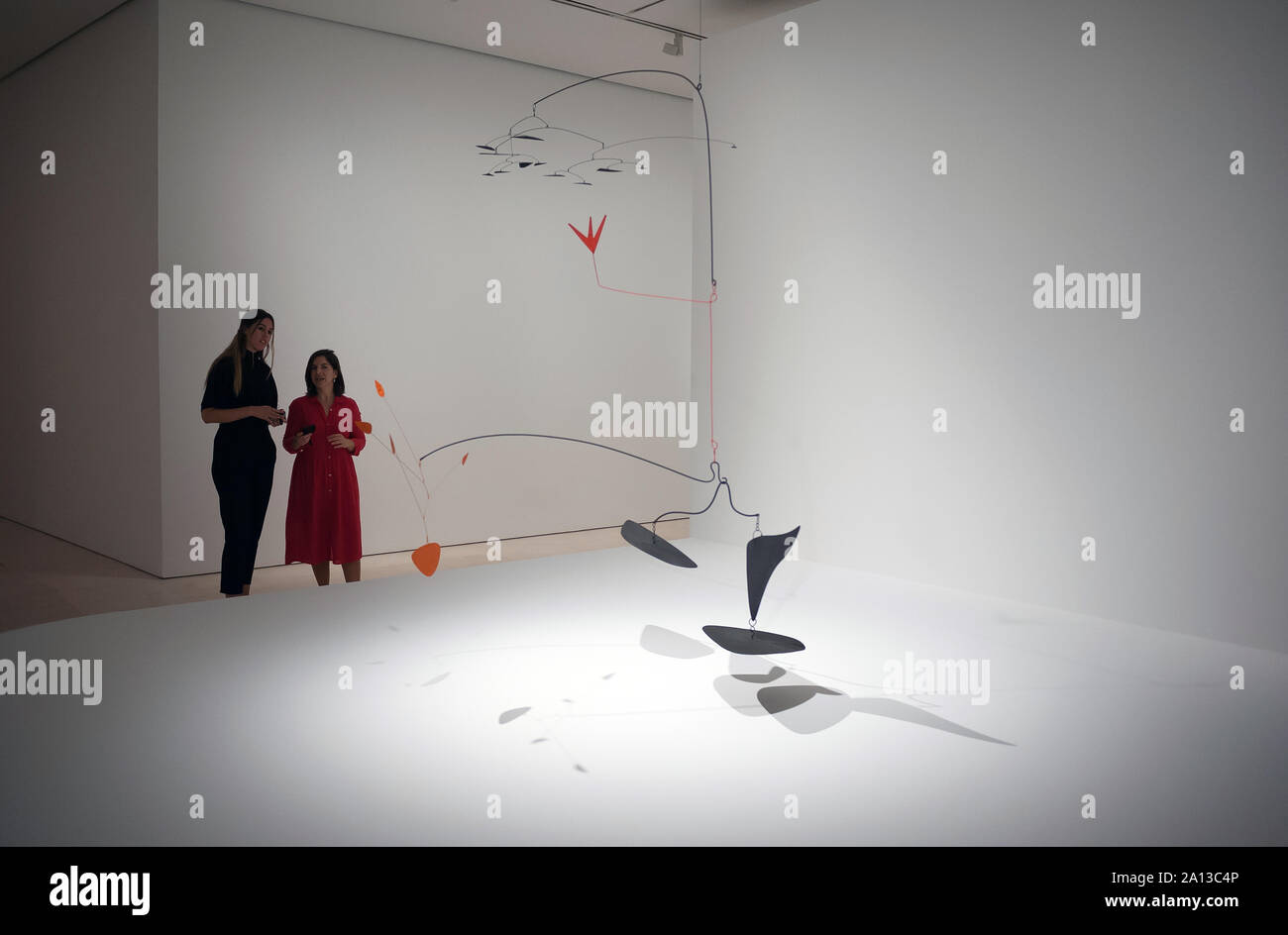 Visitors are seen looking the artwork during the exhibition Calder and Picasso at Picasso Malaga Museum.The new exhibition with paintings and sculptures, shows for the first time in Spain the modern creative relation between Spanish artist Pablo Ruiz Picasso and American Alexander Calder. Stock Photo