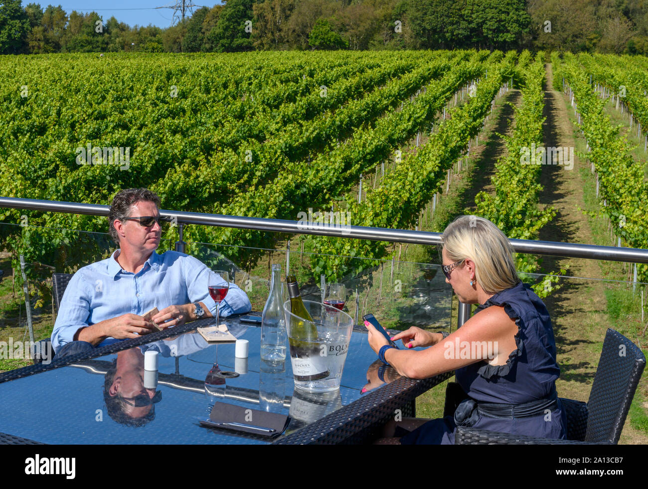 A middle aged couple enjoying wine at the Bolney Wine Estate - Vineyard - Bolney, Haywards Heath, West Sussex, England, UK Stock Photo
