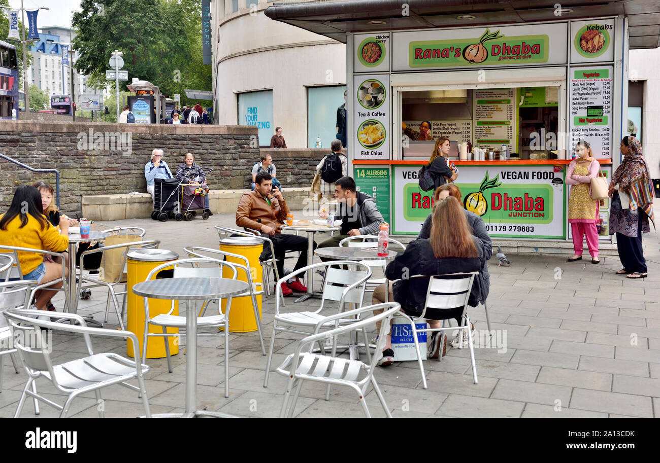 Rana's Dhaba fast food restaurant, take away fast food with outdoor tables and chairs Bristol Broadmead Shopping Quarter Stock Photo