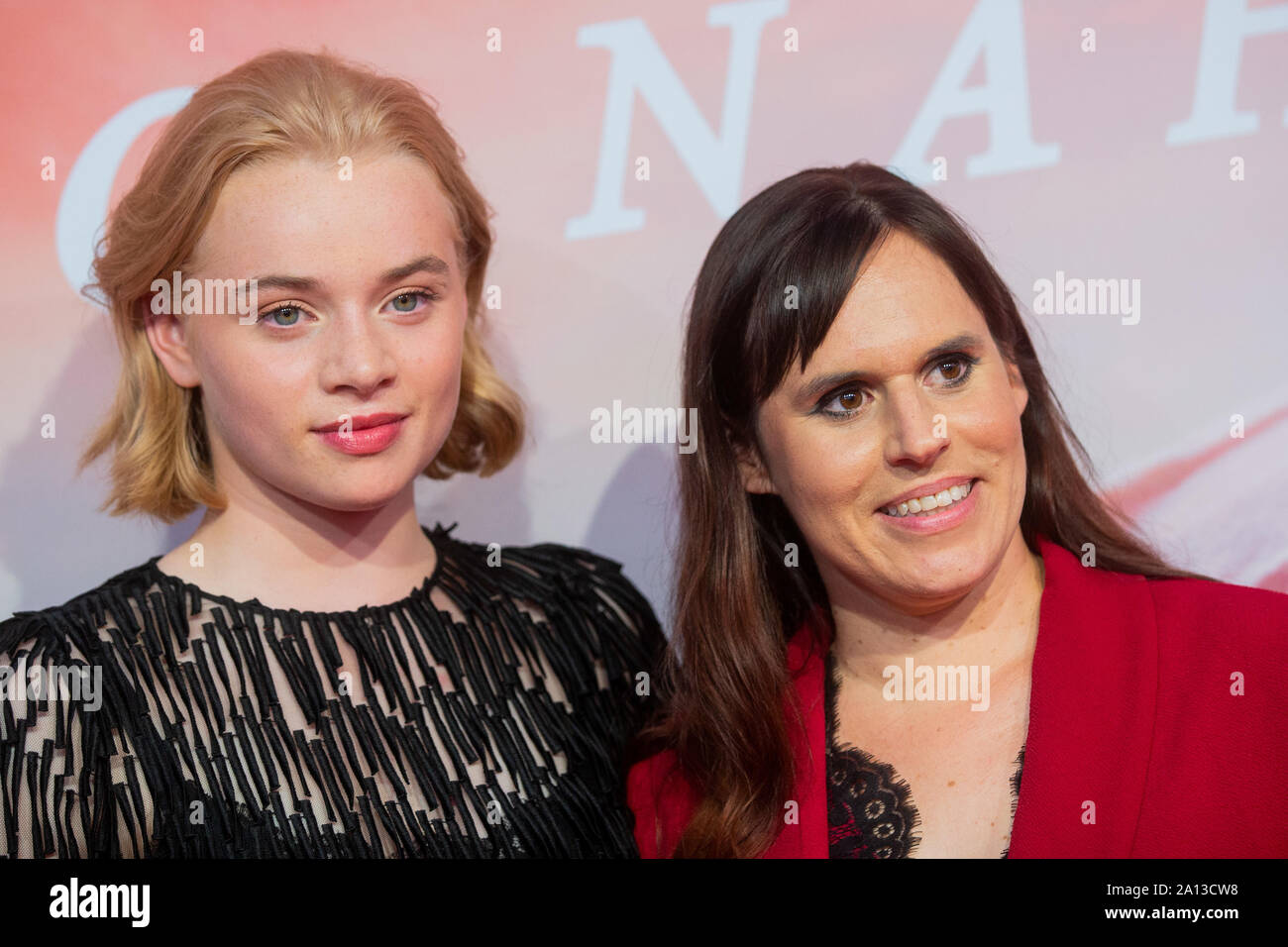 Cologne, Germany. 23rd Sep, 2019. Luna Wedler (l), actress, and Jessica Koch,  author, stand on the red carpet at the world premiere of the literary film  "Dem Horizont so nah" in the