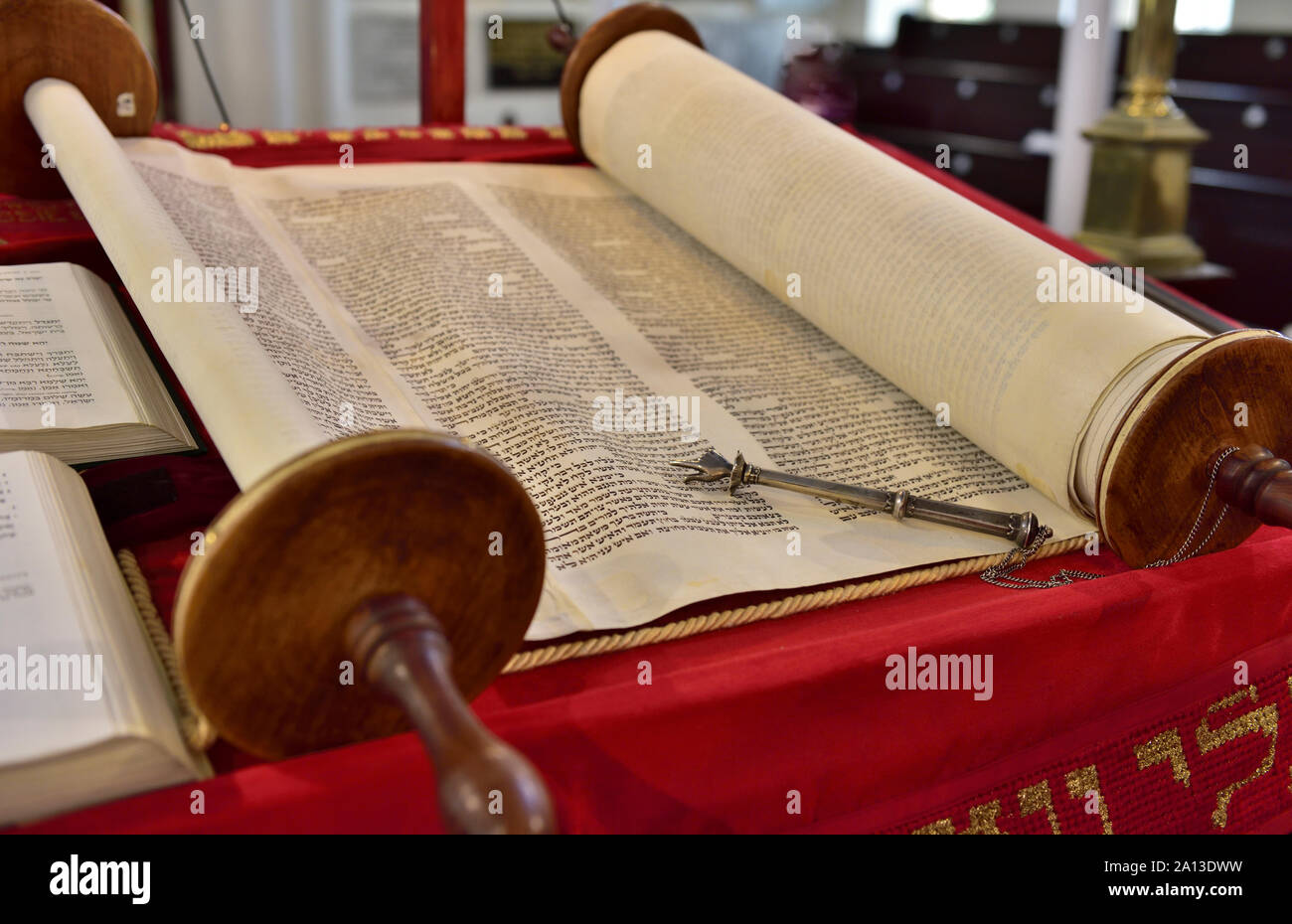 Close-up detail of traditional Torah scroll book in Synagogue Stock Photo