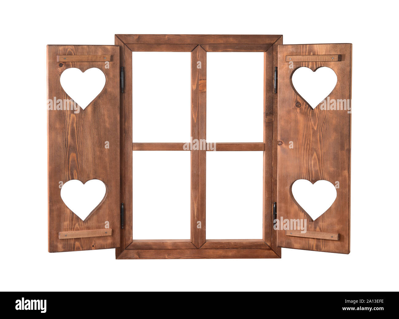 Wood window with shutters with hearts isolated on white Stock Photo