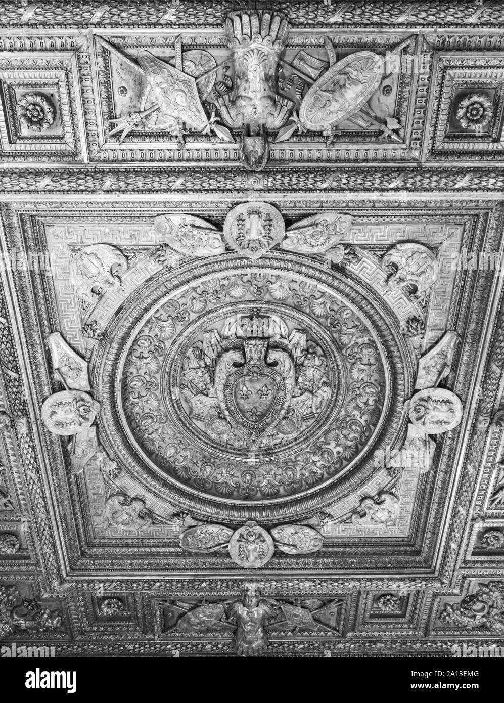 FRANCE, PARIS - MAY 16, 2016: A carved ceiling in one of the halls of the Louvre. Paris. France. Stock Photo