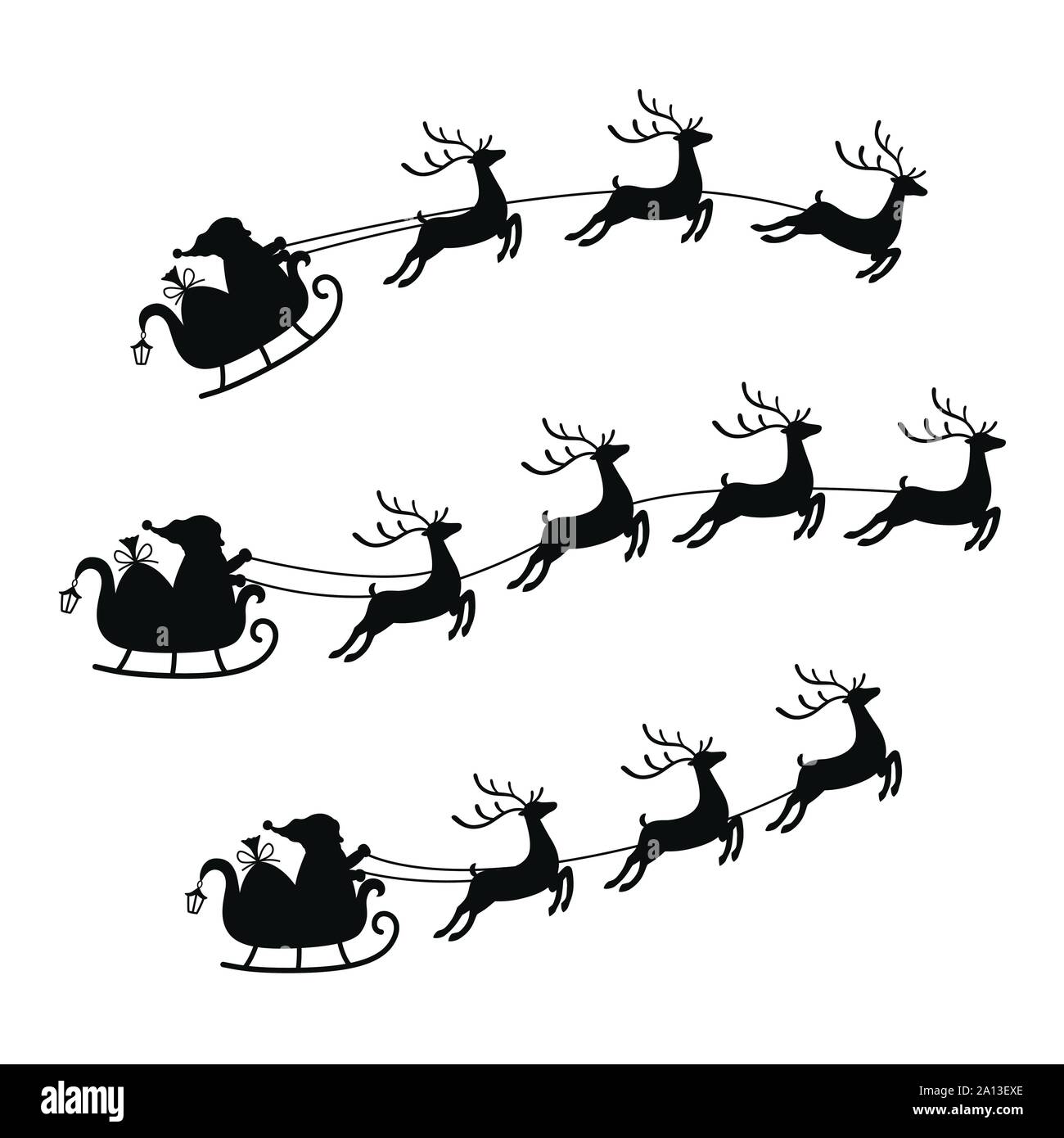 Collection sleigh with bag of gifts and reindeers, sled of Santa Claus. Christmas element with cute deers. Stock Vector