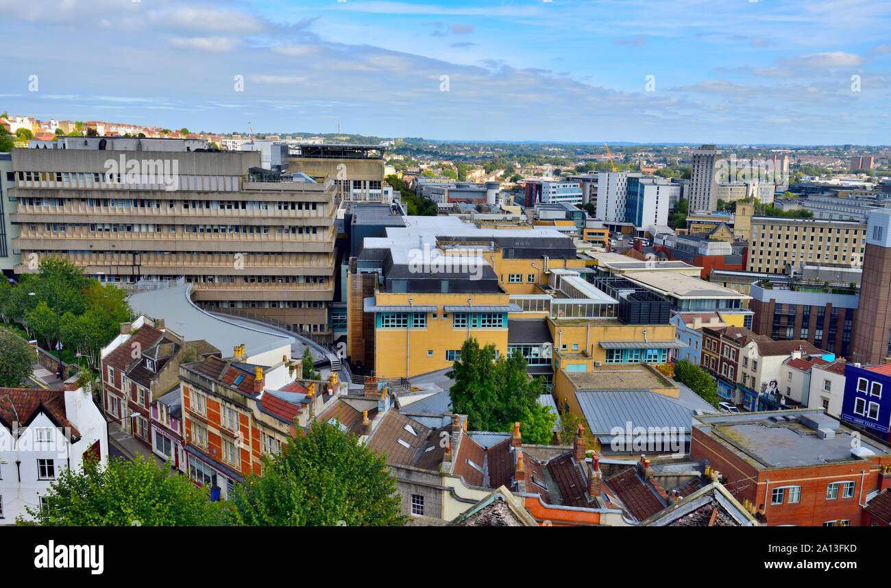 Skyline view over of central Bristol with building of Bristol Royal Infirmary and St Michael's Hill in foreground, UK Stock Photo