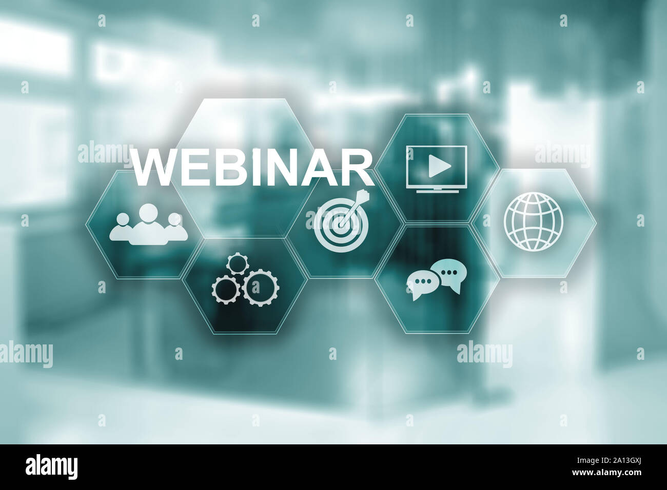 Webinar on virtual screen. Inscription on blurred office background Stock Photo