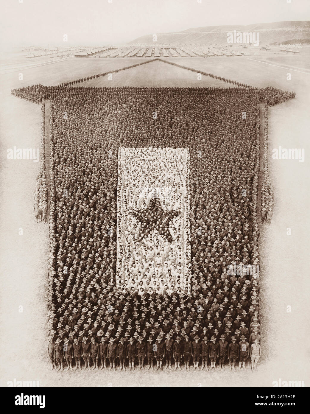 An aerial view of a human formed living service flag at Fort Riley in Kansas, circa 1918. Stock Photo