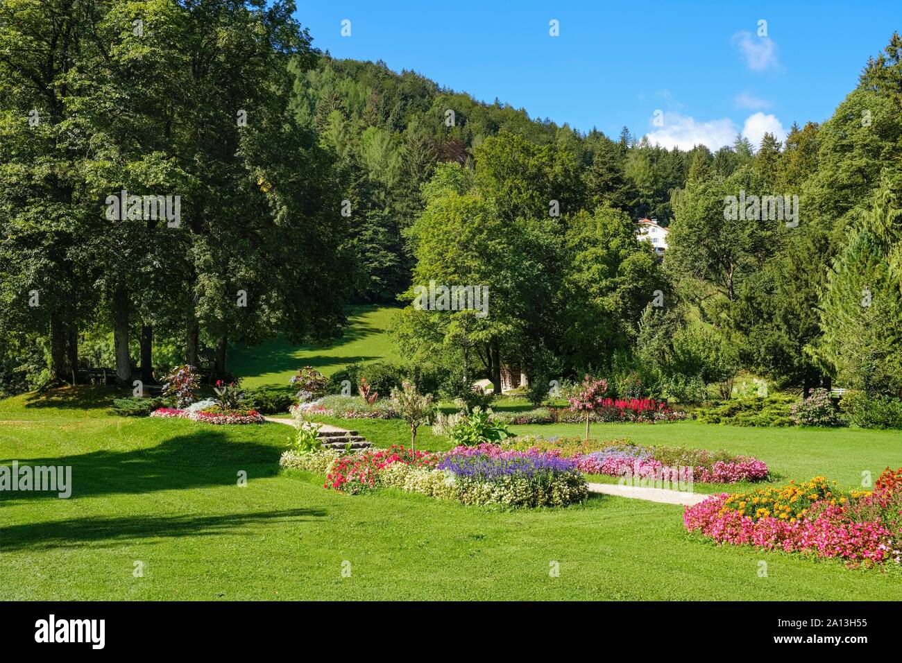 Spa garden am Burgberg, also Krause Garden, Mittenwald, Werdenfelser Land, Upper Bavaria, Bavaria, Germany Stock Photo